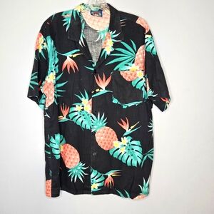 Vintage Hawaiian Button Down Black w/ Pink Pineapples tropical Size Large unisex